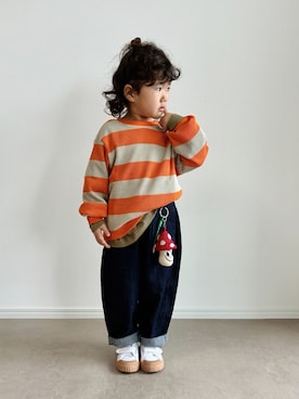 「shoes365（シューズスリーシックスファイヴ）の【shoes365】かわいい　マジックテープスニーカー（スリッポン、ベージュ系）」を使った、とりしゅりさん（キッズ・110cm）の夏コーディネート