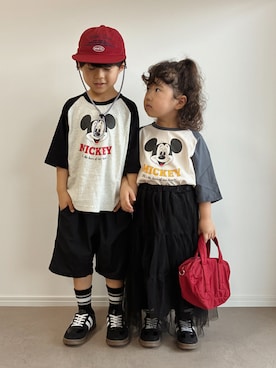 「Disney（ディズニー）のアイテム（Tシャツ/カットソー）」を使った、とりしゅりさん（キッズ・110cm）の夏コーディネート