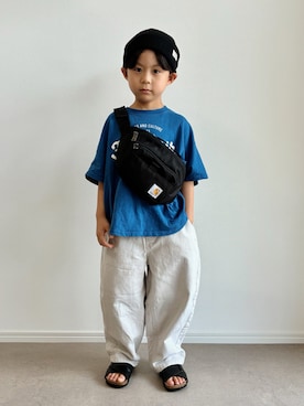 「andbutterのアイテム（デニムパンツ、ホワイト系）」を使った、とりしゅりさん（キッズ・110cm）の夏コーディネート