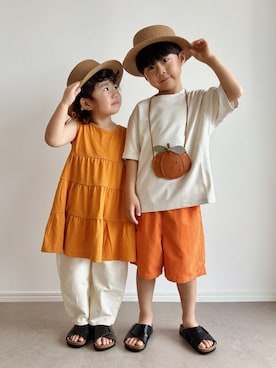 「SHEINのアイテム（帽子、ブラウン系）」を使った、とりしゅりさん（キッズ・110cm）の夏コーディネート