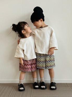 「MAKE YOUR DAY（メイクユアデイ）のセットアップできるニットソーショートパンツ■80～140cm（その他パンツ）」を使った、とりしゅりさん（キッズ・100cm）の夏コーディネート