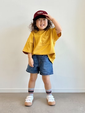 「GU（ジーユー）のアイテム（帽子）」を使った、とりしゅりさん（キッズ・100cm）の夏コーディネート