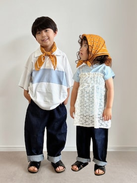 「GU（ジーユー）のアイテム（トップス、ホワイト系）」を使った、とりしゅりさん（キッズ・110cm）の夏コーディネート