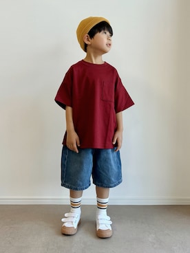 「こども ビームス（コドモビームス）のアイテム（ニットキャップ/ビーニー、イエロー系）」を使った、とりしゅりさん（キッズ・110cm）の夏コーディネート