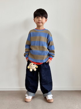 「shoes365（シューズスリーシックスファイヴ）の【shoes365】かわいい　マジックテープスニーカー（スリッポン、ベージュ系）」を使った、とりしゅりさん（キッズ・110cm）の夏コーディネート