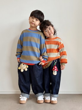 「shoes365（シューズスリーシックスファイヴ）の【shoes365】かわいい　マジックテープスニーカー（スリッポン、ベージュ系）」を使った、とりしゅりさん（キッズ・110cm）の夏コーディネート