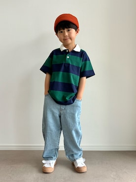 「GU（ジーユー）のアイテム（ニットキャップ/ビーニー、オレンジ系）」を使った、とりしゅりさん（キッズ・110cm）の春コーディネート