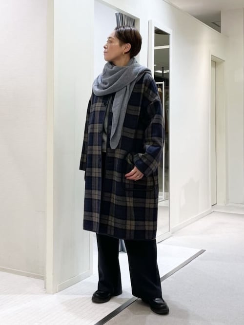 タータンウールツイード バルカラーコート（ステンカラーコート