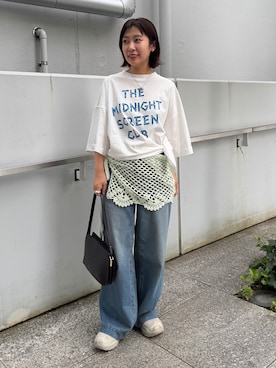 「ALL NEW MART（オールニューマート）のミッドナイトスクリーンTシャツ（Tシャツ/カットソー、ホワイト系）」を使った、abeさん（レディース・150cm）の夏コーディネート