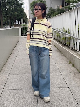 「ALL NEW MART（オールニューマート）のシアーボーダーポロ（Tシャツ/カットソー、イエロー系）」を使った、abeさん（レディース・150cm）の夏コーディネート