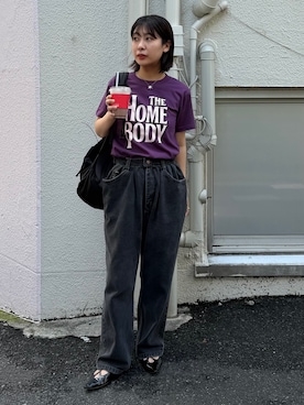 「ALL NEW MART（オールニューマート）のHOMEBODYグラフィックTシャツ（Tシャツ/カットソー、パープル系）」を使った、abeさん（レディース・150cm）の夏コーディネート