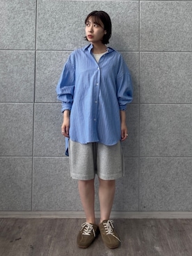 「ALL NEW MART（オールニューマート）のバイカラースウェットハーフパンツ（その他パンツ、グレー系）」を使った、abeさん（レディース・150cm）の夏コーディネート