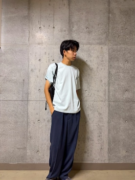 「SENSE OF PLACE by URBAN RESEARCH(センスオブプレイスバイアーバンリサーチ)のリネンライクマイクロチェックワイドスラックス(その他パンツ、ブルー系)」を使った、とーごさん(メンズ・178cm)の夏コーディネート
