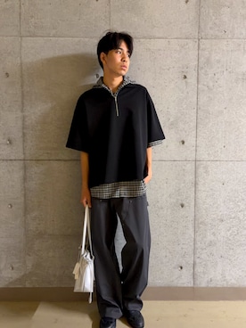 「SENSE OF PLACE by URBAN RESEARCH(センスオブプレイスバイアーバンリサーチ)のダンボールポンチハーフジップショートスリーブTシャツ(Tシャツ/カットソー、ブラック系)」を使った、とーごさん(メンズ・178cm)の春コーディネート