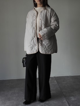 「黒パンツ」｜「アイテム（ノーカラージャケット）」を使った、Riberry_officialさん（レディース・158cm）の冬コーディネート