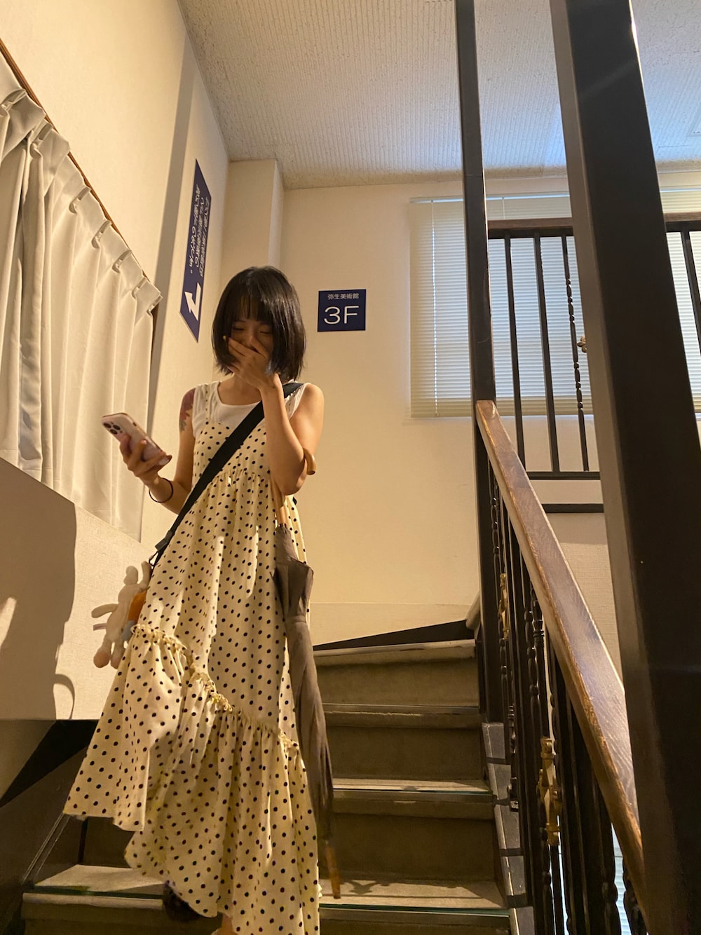 「夏コーデ、キャミワンピ」｜「Alley by w closetの【Alley】アシンメトリードットティアードキャミワンピース（ワンピース、ベージュ系）」を使った、xphyllisxさん（レディース・158cm）の秋コーディネートの1枚目の写真