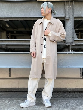 「A4A（エーフォーエー）のアイテム（ステンカラーコート）」を使った、湯原健太さん（メンズ・178cm）の春コーディネート