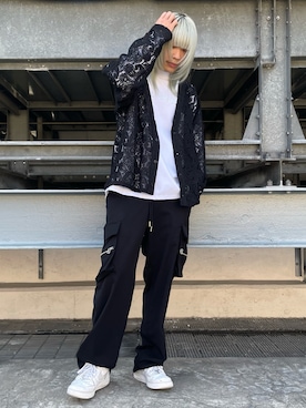 「DANKE SCHON（ダンケシェーン）のDankeSchon/ダンケシェーン/ペイズリーレースカーディガン（カーディガン/ボレロ、ブラック系）」を使った、湯原健太さん（メンズ・178cm）の春コーディネート