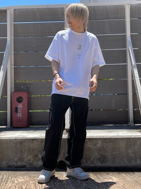 「DANKE SCHON（ダンケシェーン）のDankeSchon/ダンケシェーン/0 Stitch Painter Pants/０ステッチペインターパンツ（その他パンツ、ブラック系）」を使った、湯原健太さん（メンズ・178cm）の夏コーディネート