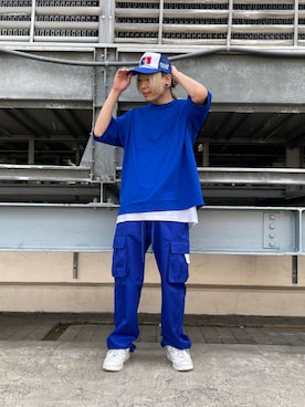 「no cap clubのアイテム（キャップ、ブルー系）」を使った、湯原健太さん（メンズ・178cm）の夏コーディネート