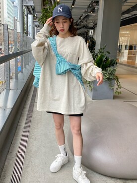 「one after another NICE CLAUP（ワンアフターアナザーナイスクラップ）のアイテム（キャップ）」を使った、C h i iさん（レディース・155cm）の春コーディネート
