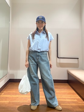 「SMELLY（スメリー）のweatherロゴキャップ（キャップ、ブルー系）」を使った、shokoさん（レディース・154cm）の春コーディネート