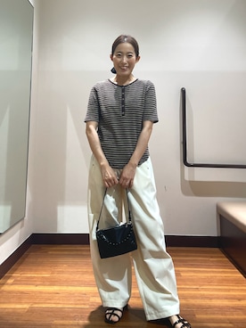 「KBF（ケイビーエフ）のワッフルボーダーヘンリネックTEE（Tシャツ/カットソー、ホワイト系）」を使った、shokoさん（レディース・154cm）の夏コーディネート