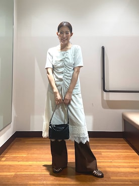 「KBF（ケイビーエフ）のアシメタックレイヤードTEE（Tシャツ/カットソー、ベージュ系）」を使った、shokoさん（レディース・154cm）の夏コーディネート