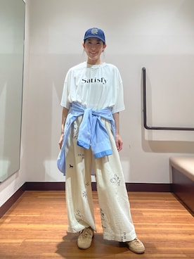 「SMELLY（スメリー）のweatherロゴキャップ（キャップ、ブルー系）」を使った、shokoさん（レディース・154cm）の春コーディネート