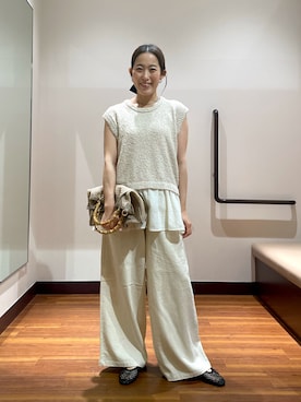 「ITEMS URBANRESEARCH（アイテムズ アーバンリサーチ）の『Sサイズあり/洗濯可』リネンレーヨンワイドパンツ（その他パンツ、ベージュ系）」を使った、shokoさん（レディース・154cm）の夏コーディネート