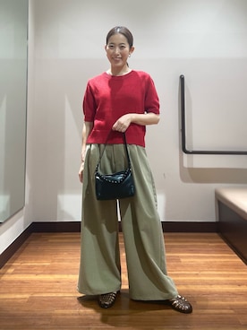 「ITEMS URBANRESEARCH（アイテムズ アーバンリサーチ）のペーパータッチハンソデニット（ニット/セーター、レッド系）」を使った、shokoさん（レディース・154cm）の夏コーディネート
