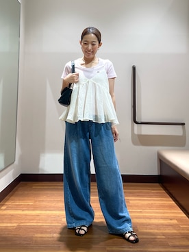 「SENSE OF PLACE by URBAN RESEARCH（センスオブプレイスバイアーバンリサーチ）の『一部WEB限定カラー』ラウンドネックリブTシャツ(半袖)（Tシャツ/カットソー、ピンク系）」を使った、shokoさん（レディース・154cm）の夏コーディネート