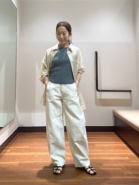 「ITEMS URBANRESEARCH（アイテムズ アーバンリサーチ）のシアープリントストライプシャツ（シャツ/ブラウス、ベージュ系）」を使った、shokoさん（レディース・154cm）の夏コーディネート
