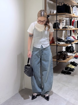 「FREE'S MART（フリーズマート）の◆ＵＳＡコットンクルーネックＴシャツ（Tシャツ/カットソー、ホワイト系）」を使った、momoさん（レディース・153cm）の夏コーディネート