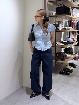 「FREE'S MART（フリーズマート）のオーバーヒールパンプス（パンプス、ブラック系）」を使った、momoさん（レディース・153cm）の夏コーディネート