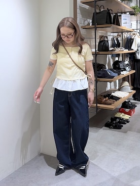 「FREE'S MART（フリーズマート）の◆布帛ドッキングサイドシャーリング半袖カットソー（Tシャツ/カットソー、ホワイト系）」を使った、momoさん（レディース・153cm）の夏コーディネート
