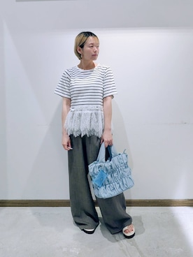 「アイテム（トートバッグ、ブルー系）」を使った、のみ子さん（レディース・154cm）の夏コーディネート