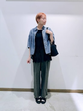 「GLOBAL WORK（グローバルワーク）のスッキリイージーパンツ/629832（その他パンツ、ブラウン系）」を使った、のみ子さん（レディース・154cm）の夏コーディネート