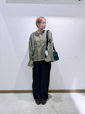 「GLOBAL WORK（グローバルワーク）のハシゴレースリボンカーデ/1042789（シャツ/ブラウス、グリーン系）」を使った、のみ子さん（レディース・154cm）の夏コーディネート