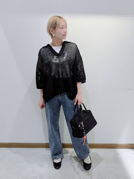 「GLOBAL WORK（グローバルワーク）のメッシュラメポロニット半袖/587686（ニット/セーター）」を使った、のみ子さん（レディース・154cm）の秋コーディネート