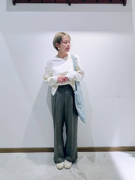 「GLOBAL WORK（グローバルワーク）のタオルストライプトート/600114（トートバッグ、グリーン系）」を使った、のみ子さん（レディース・154cm）の春コーディネート