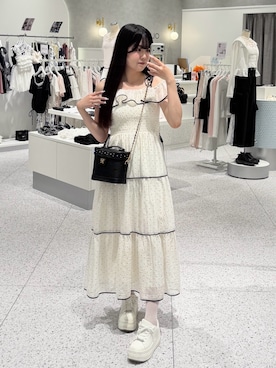 「OLIVE des OLIVE（オリーブデオリーブ）のMilky Star フリルティアードキャミワンピ（ワンピース、その他）」を使った、amiさん（レディース・158cm）の夏コーディネート