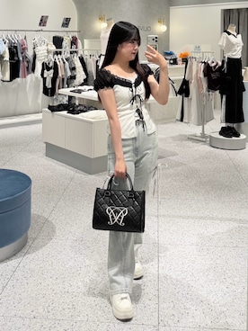 「OLIVE des OLIVE（オリーブデオリーブ）のリボンレイヤードトップス（Tシャツ/カットソー、ホワイト系）」を使った、amiさん（レディース・158cm）の夏コーディネート