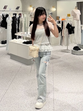 「OLIVE des OLIVE（オリーブデオリーブ）のシアトップスキャミセット（Tシャツ/カットソー、グレー系）」を使った、amiさん（レディース・158cm）の夏コーディネート
