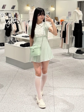 「OLIVE des OLIVE（オリーブデオリーブ）のAimerianejoieレース切替ワンピース（ワンピース、グリーン系）」を使った、amiさん（レディース・158cm）の夏コーディネート