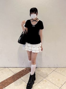 「OLIVE des OLIVE（オリーブデオリーブ）のドロストレースチュニック（Tシャツ/カットソー、ブラック系）」を使った、amiさん（レディース・158cm）の春コーディネート