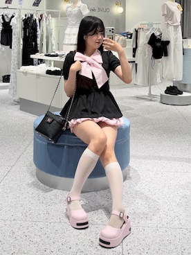 「OLIVE des OLIVE（オリーブデオリーブ）の【インフルエンサー企画】miko ribbon peplum jacket（テーラードジャケット、ブラック系）」を使った、amiさん（レディース・158cm）の夏コーディネート