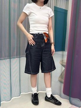 「ハーフパンツ」｜「アイテム（デニムパンツ）」を使った、🌌さん（レディース・158cm）の夏コーディネート