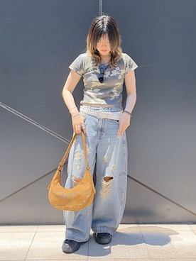 「X-girl（エックスガール）のMILLS LOGO FOX FLAME SUNGLASSES（サングラス、ブラック系）」を使った、かももさん（レディース・160cm）の夏コーディネート