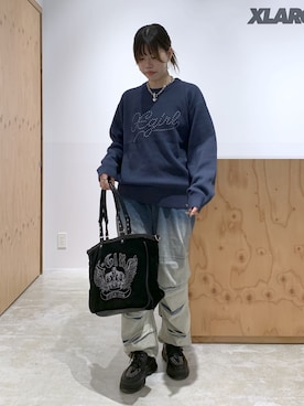 「X-girl（エックスガール）のSTUDDED LOGO KNIT TOP（ニット/セーター）」を使った、かももさん（レディース・160cm）の秋コーディネート